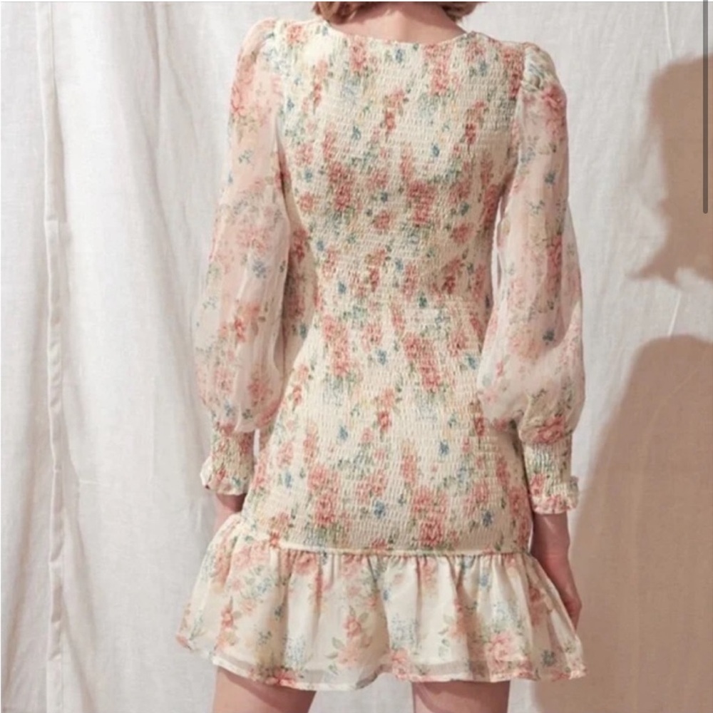 STORIA Womens Pastel Floral Smocked Chiffon Ruffle Teim Dress Long Sleeve Medium - Picture 2 of 11